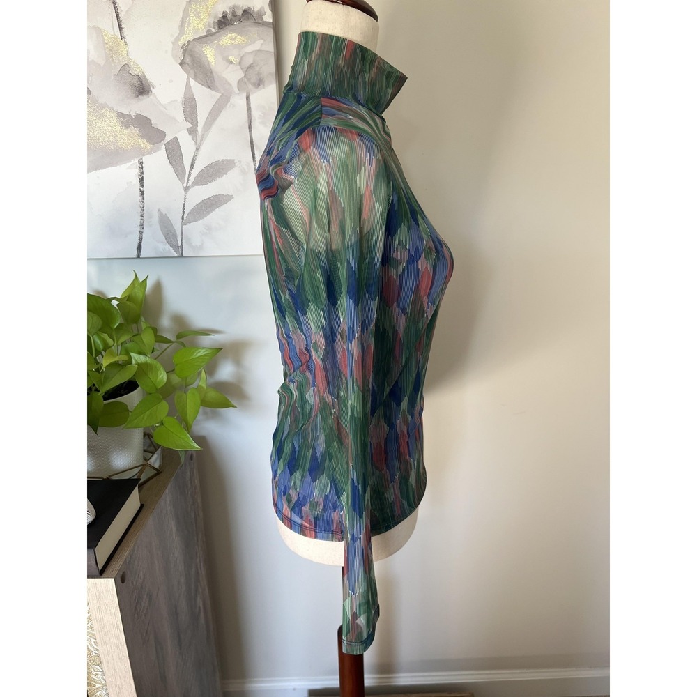Anthropologie Top Womens XS Green Mesh Turtleneck Sheer Geometric‎ Print Boho - Picture 6 of 8